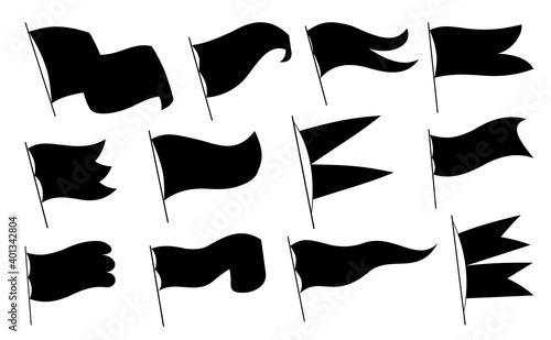 Waving flags. Set of black flags template on white background. National flags waving symbols. Banner design elements. Mockup collection
