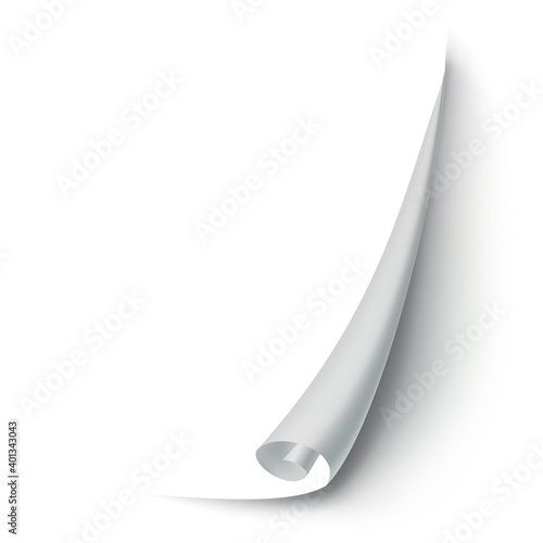 Curled paper corner. Curve page corner, page edge curl and bent paper sheet with realistic shadow. Paper corner fold isolated on white background
