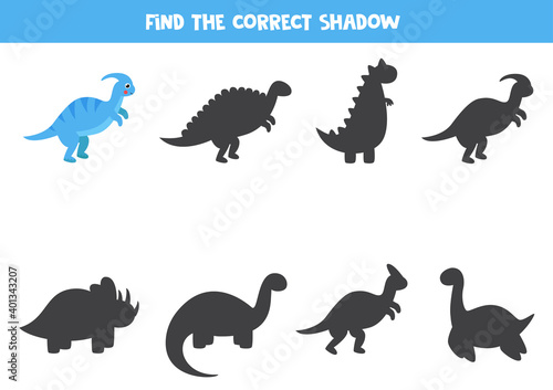 Find the correct shadow of cartoon dinosaur. Logical worksheet.