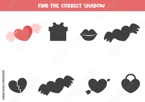 Find the correct shadow of valentine heart. Logical worksheet.