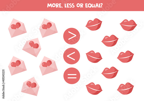 More, less, equal with cute valentine elements. Math game.