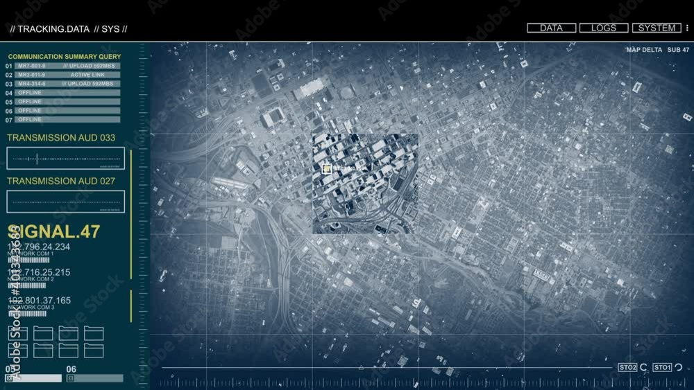Military Satellite Surveillance Software.  Note - The software is my own motion graphic design and the satellite image is from NASA public domain.