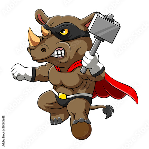 The super rhino using the red super costume and holding the big axe
