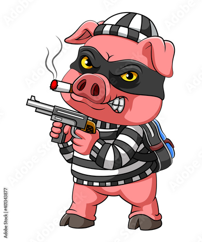 The mugger pig with cigarette on its mouth is holding a gun