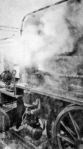 black and white watercolor style of a vintage steam locomotive