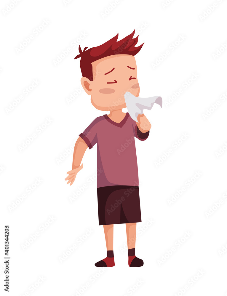 Flu cold. Flu or common cold treatment at home. Young man with handkerchief in hand. Season allergy. Allergy sick or flu concept