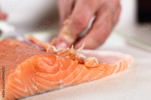 Removing Bones from Salmon Fillet. Making Salmon in Puff Pastry Series.