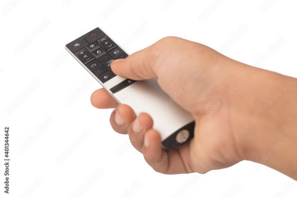 Hand with tv remote control isolated on white Hand with tv remote control isolated on white
