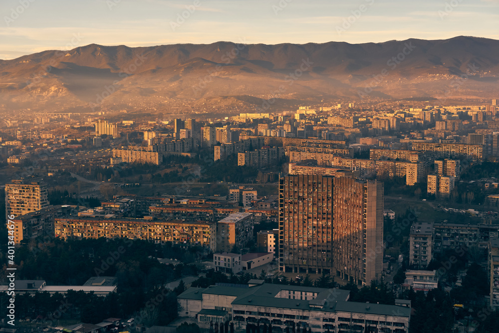 A mostly residential part of Tbilisi north of Tbilisi Reservoir in the late afternoon.