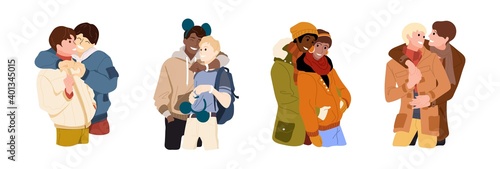 Collection of different homosexual couple on isolated white background. International gay relations. Enamored males romantic date on the street. Multiracial lgbt mens pair. Vector stock illustration.