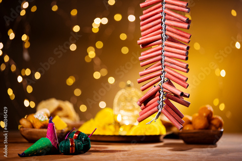 Canvas Print Diwali fire cracker and Diya decoration on Diwali day