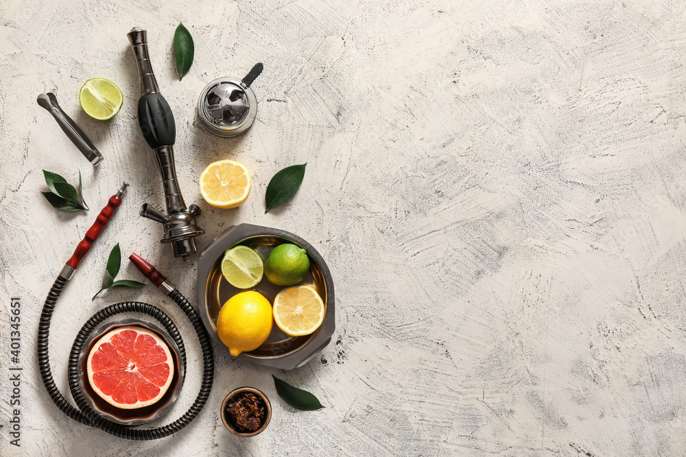 Parts of hookah and fruits on light background Stock Photo | Adobe Stock