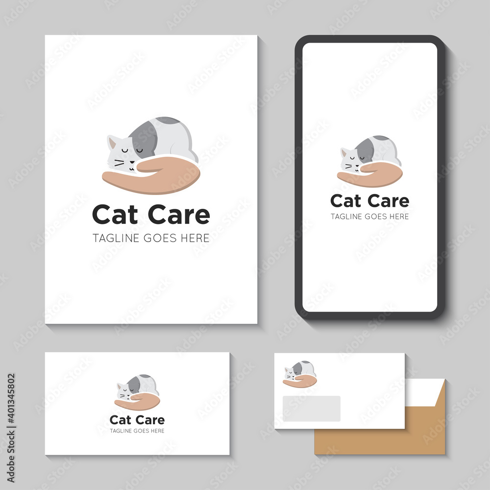 Love cat logo and care icon vector illustration with mobile app design template