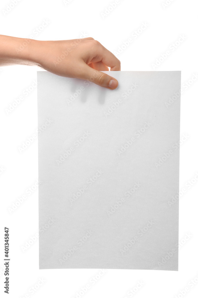 Female hand with blank paper sheet on white background