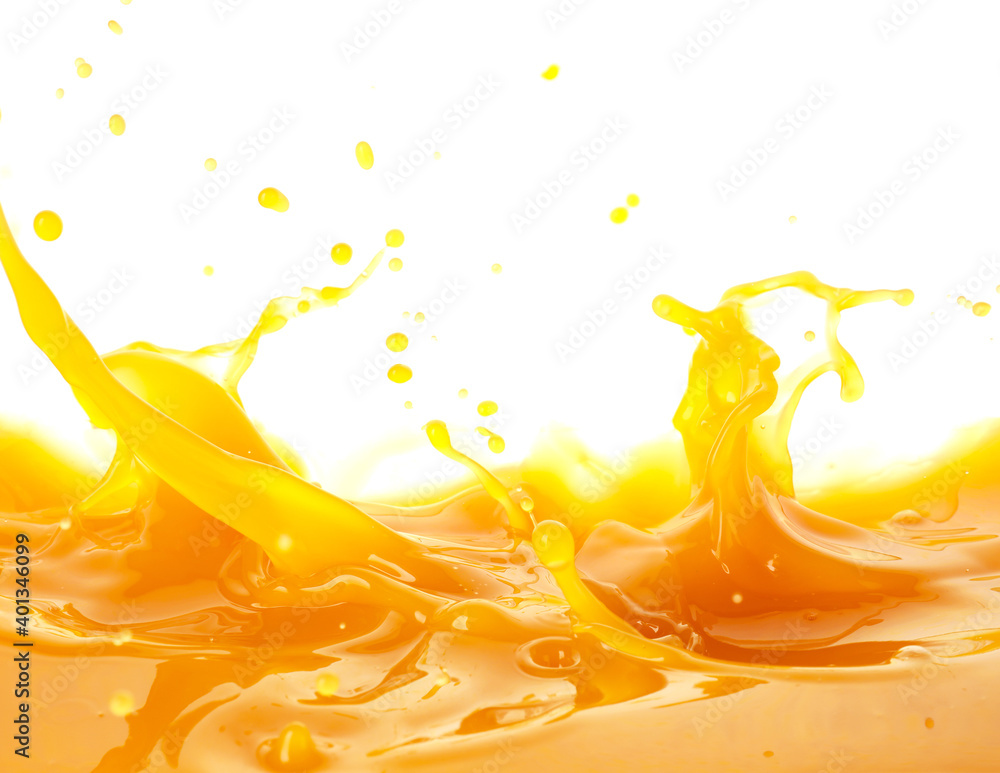 Splash of fresh mango juice on white background Stock Photo | Adobe Stock