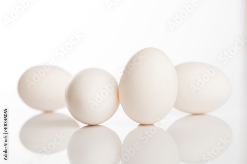 White eggs on white background.