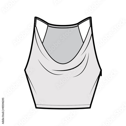 Tank low cowl Crop Camisole technical fashion illustration with thin adjustable straps, slim fit, waist length. Flat outwear top template front, grey color. Women men unisex CAD mockup