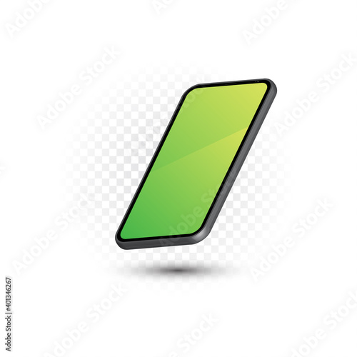 Perspective view smartphone mockup with blank green gradient screen rests on one corner with shadow on white transparent background. 3D illustration.