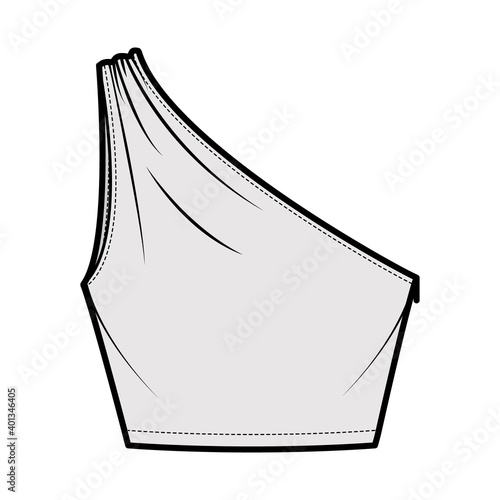 Crop top One-shoulder with ruching tank technical fashion illustration with fitted slim body, waist length. Flat outwear shirt apparel template front, grey color. Women, men unisex CAD mockup