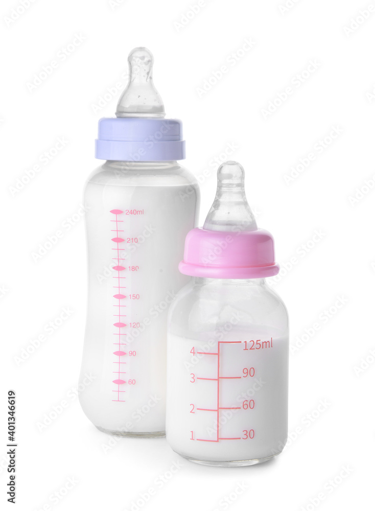 Bottles of milk for baby on white background Bottles of milk for baby on white background