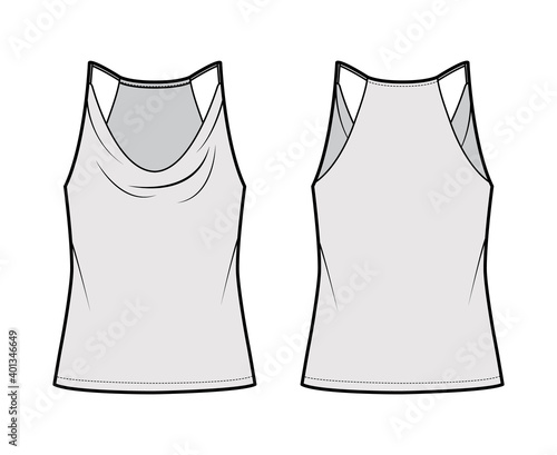 Tank low cowl Crop Camisole technical fashion illustration with thin adjustable straps, oversized, waist length. Flat outwear top template front, back, grey color. Women men unisex CAD mockup