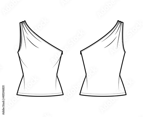 Top One-shoulder with ruching tank technical fashion illustration with fitted slim body, tunic length. Flat outwear shirt apparel template front, back, white color. Women, men unisex CAD mockup