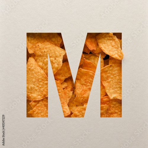 Font design  Abstract alphabet with triangle corn chips  realistic leaves typography - M