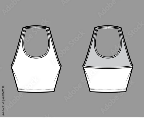 Tank halter scoop neck Crop top technical fashion illustration with slim fit, waist length. Flat apparel outwear template front, back, white color. Women men unisex CAD mockup