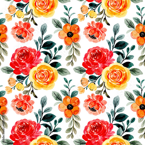 Seamless pattern with yellow red floral watercolor