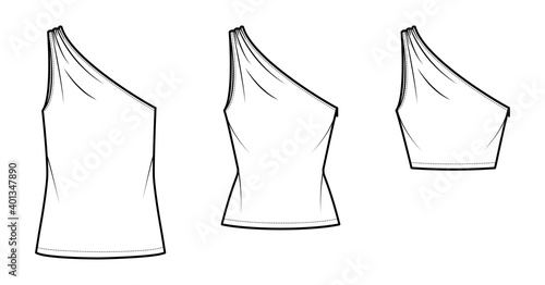 Set of One-shoulder tops tank technical fashion illustration with ruching, fitted and oversize body, tunic and waist length hem. Flat outwear shirt template front white color. Women, unisex CAD mockup