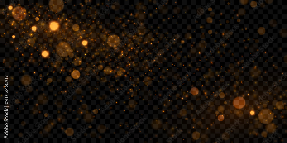 Gold bokeh light effect. Glowing particles isolated on dark transparent ...