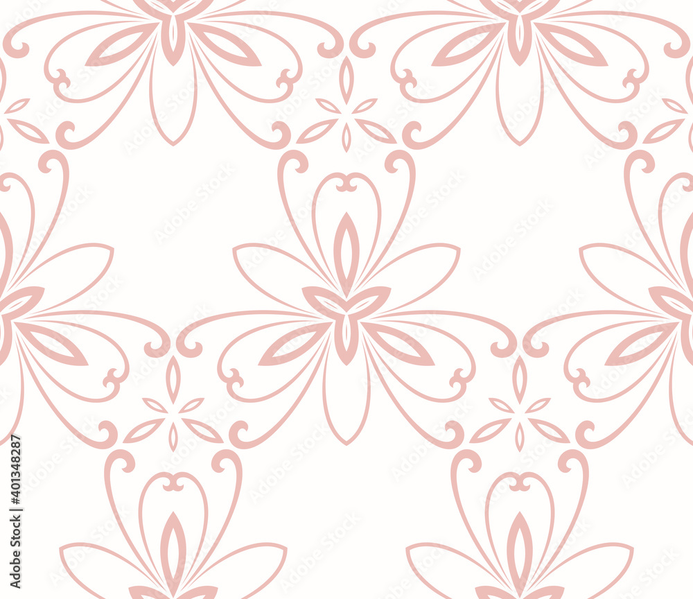 Floral ornament. Seamless abstract classic background with flowers. Pattern with pink repeating floral elements. Ornament for fabric, wallpaper and packaging