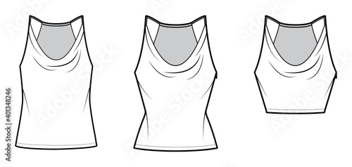 Set of Tanks low cowl Crop Camisoles technical fashion illustration with thin adjustable straps, slim, oversized fit, waist, crop length. Flat outwear top template front. Women men CAD mockup