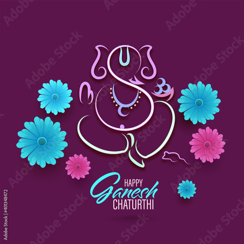 Line Art Image Of Lord Ganesha With Rat And Flowers On Purple Background For Happy Ganesh Chaturthi.