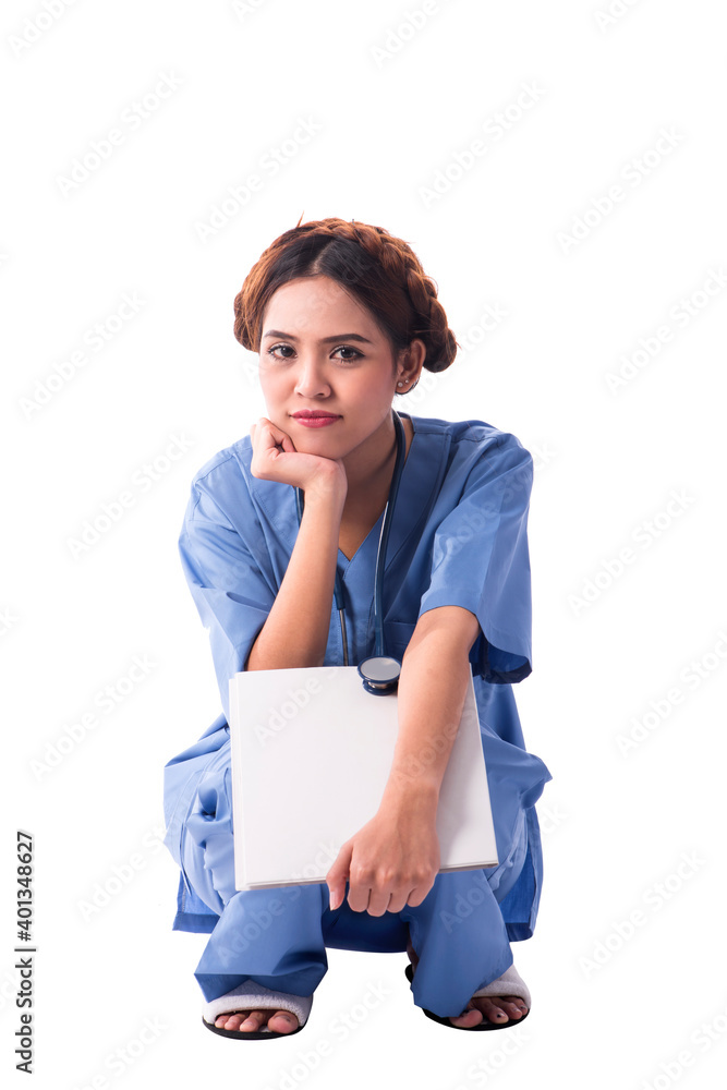Tired and depressed nurse with stethoscope sitting on floor and holding blank clipboard space for messages. Isolated Tired and depressed nurse with stethoscope sitting on floor and holding blank clipboard space for messages. Isolated