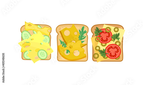Sandwich with Cheese and Vegetables Placed on Slice of Bread Vector Set