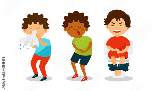 Sick Children Feeling Unwell and Suffering from Pain Vector Illustration Set