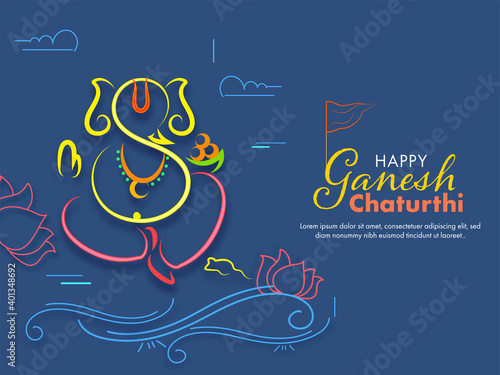 Happy Ganesh Chaturthi Font With Line Art Lord Ganesha Image, Rat, Lotus Flower And Swirl Waves On Blue Background.