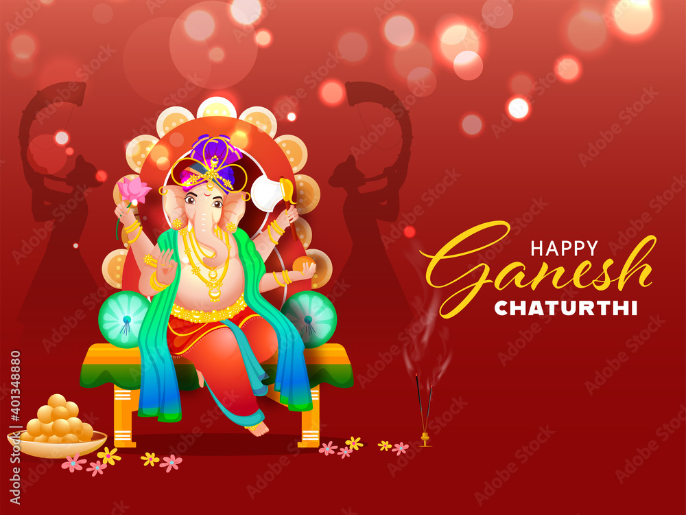 Hindu Mythology Lord Ganesha At Throne Idol With Indian Sweet (Laddu) And  Silhouette Tutari Player Men On Red Bokeh Effect Background For Happy Ganesh  Chaturthi Celebration. Stock Vector | Adobe Stock