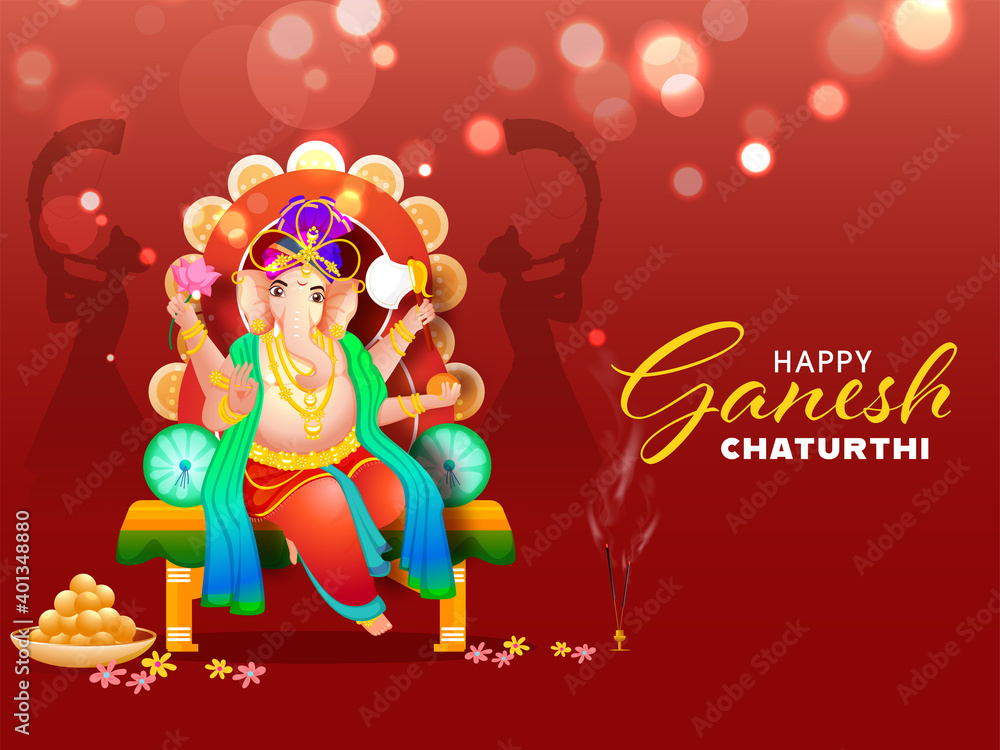Hindu Mythology Lord Ganesha At Throne Idol With Indian Sweet (Laddu) And Silhouette Tutari Player Men On Red Bokeh Effect Background For Happy Ganesh Chaturthi Celebration. Hindu Mythology Lord Ganesha At Throne Idol With Indian Sweet (Laddu) And Silhouette Tutari Player Men On Red Bokeh Effect Background For Happy Ganesh Chaturthi Celebration.