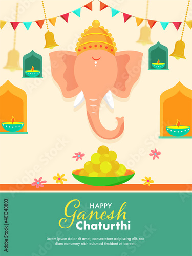 Vector Illustration Of Lord Ganpati Face With Laddu Plate, Hanging Bells And Illuminated Oil Lamps (Diya) Decorated Window For Happy Ganesh Chaturthi.