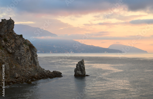 Rock Sail in the waters of the Black sea at the castle swallow s nest in the early morning