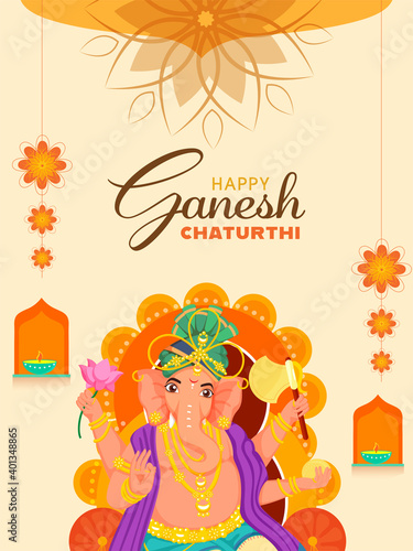 Hindu Mythology Lord Ganesha Idol With Burning Oil Lamps (Diya) And Flowers Hang On Yellow Background For Happy Ganesh Chaturthi Celebration.