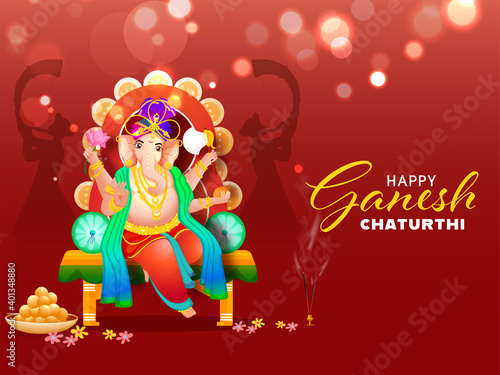 Hindu Mythology Lord Ganesha At Throne Idol With Indian Sweet (Laddu) And Silhouette Tutari Player Men On Red Bokeh Effect Background For Happy Ganesh Chaturthi Celebration.