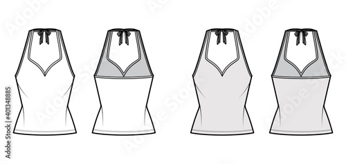 Tank halter sweetheart neck top technical fashion illustration with bow, slim fit, tunic length. Flat apparel outwear template front, back, white, grey color. Women men unisex CAD mockup