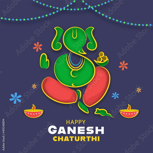 Happy Ganesh Chaturthi Poster Design With Creative Lord Ganesha, Rat, Illuminated Oil Lamp (Diya) And Flowers Decorated Blue Background.