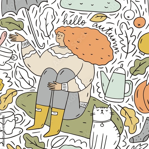 Autumn forest and a girl with a cat - vector illustration in doodle style. Doodle set - leaves, forest, boots, heart, tea, coffee