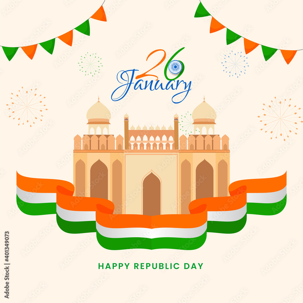 26th January Text With Ashoka Wheel, Tricolor Ribbon And Red Fort Monument For Happy Republic Day Concept.