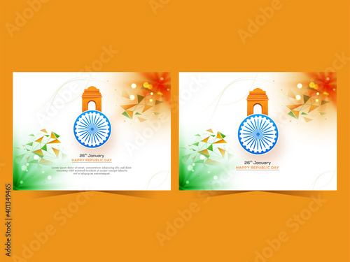 26th January Republic Day Post Set With Ashoka Wheel, Indian Gate On Tricolor Abstract Polygon Background.