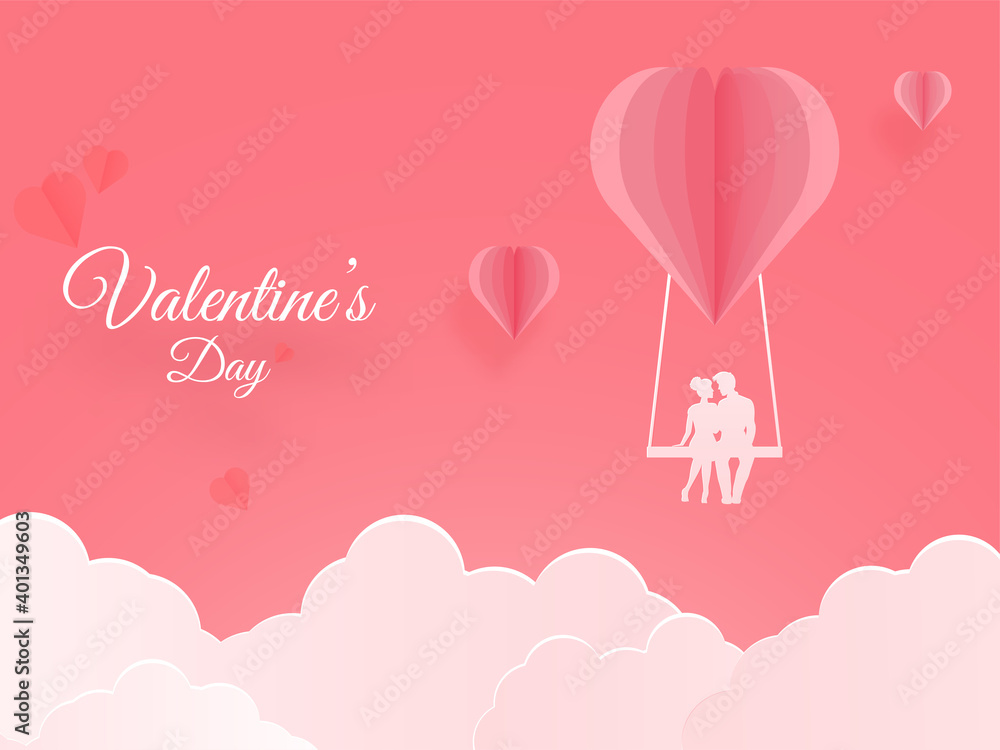 Paper Cut Heart Swing With Silhouette Couple And Clouds On Light Red Background For Valentine's Day Concept.